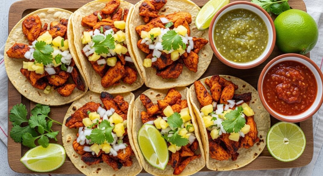 Tacos de pollo al pastor con piña, cilantro y cebolla sobre tortillas de maíz