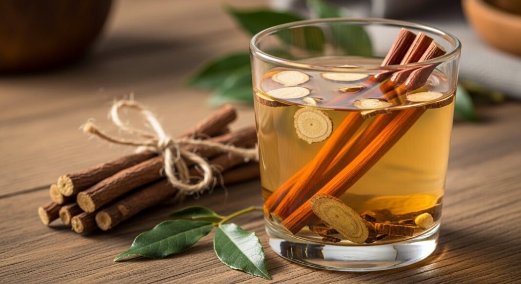 Infusión de agua de palo dulce en una taza de cerámica, con ramas de la planta al lado