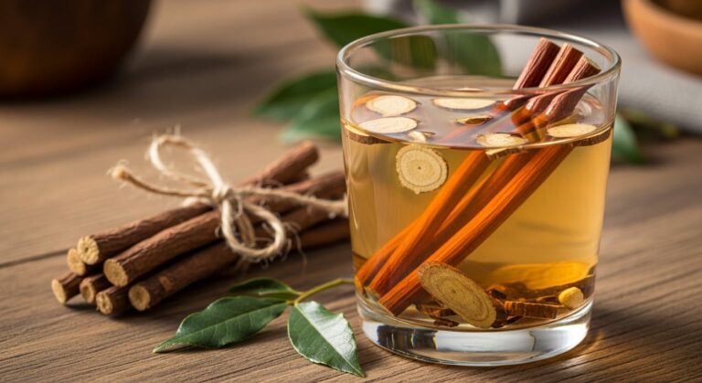 Infusión de agua de palo dulce en una taza de cerámica, con ramas de la planta al lado
