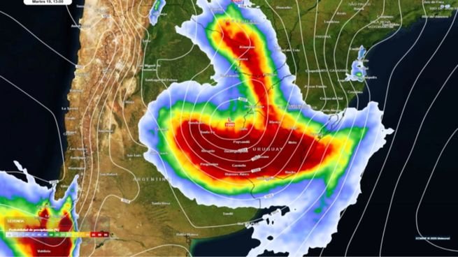 Mapa meteorológico con zonas de lluvia y ciclogénesis en Argentina