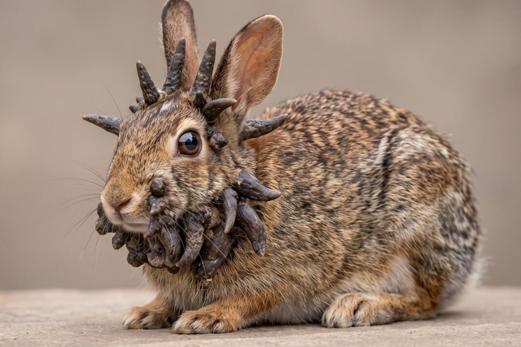 Conejo silvestre con protuberancias negras en la cabeza