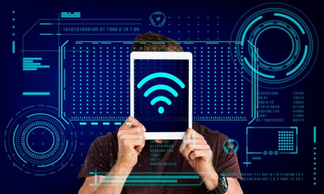 Ilustración del Día Mundial del WiFi con señal inalámbrica y dispositivos conectados