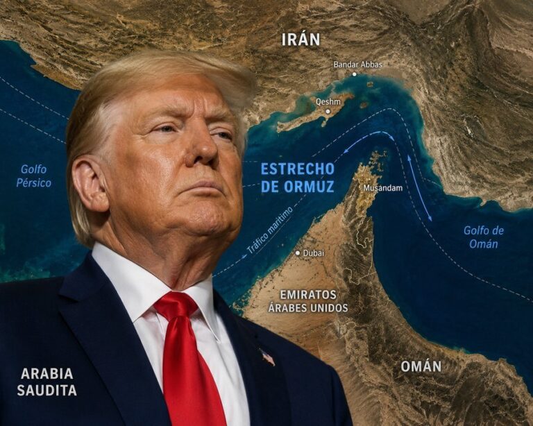 Mapa del estrecho de Ormuz con banderas de Estados Unidos e Irán