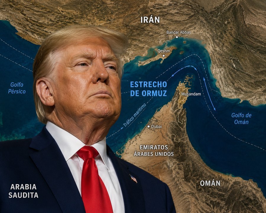 Mapa del estrecho de Ormuz con banderas de Estados Unidos e Irán