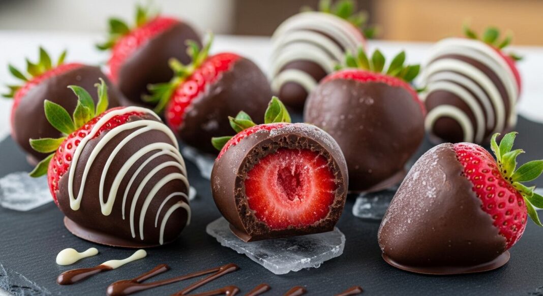 Fresas congeladas cubiertas de chocolate sobre una bandeja con papel encerado