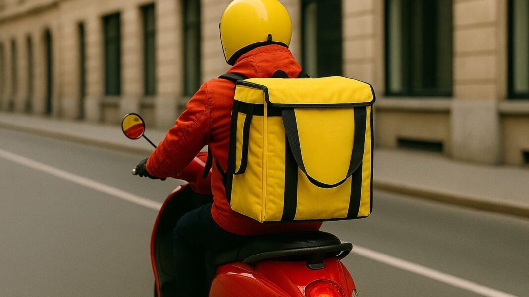 Repartidor con mochila de aplicación de delivery en la vía pública