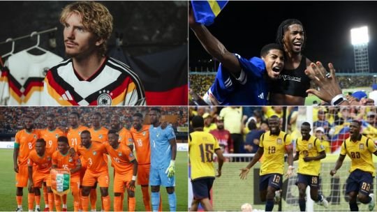 Escudos de las selecciones del Grupo E del Mundial 2026: Alemania, Curazao, Costa de Marfil y Ecuador