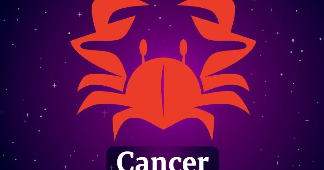 Ilustración del signo zodiacal Cáncer con fondo de estrellas