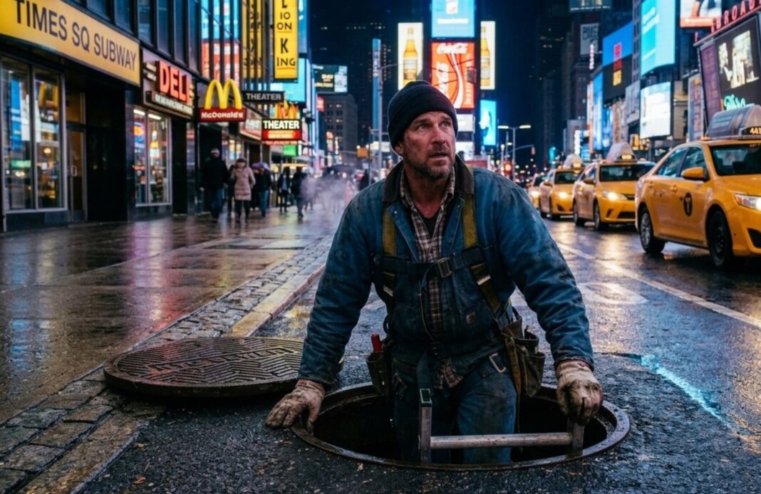 Personas saliendo de una alcantarilla en Nueva York con linternas y herramientas