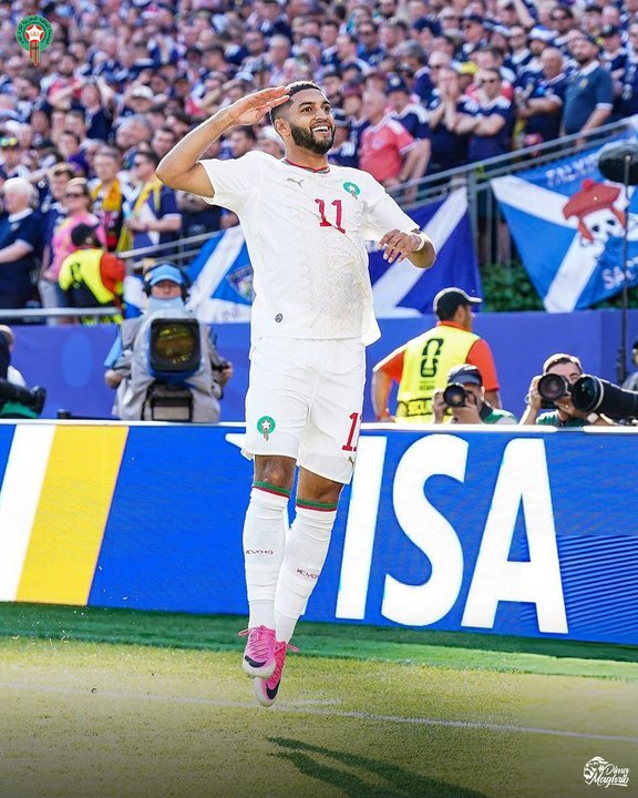 Ismael Saibari de Marruecos celebrando el gol ante Escocia en el Gillette Stadium