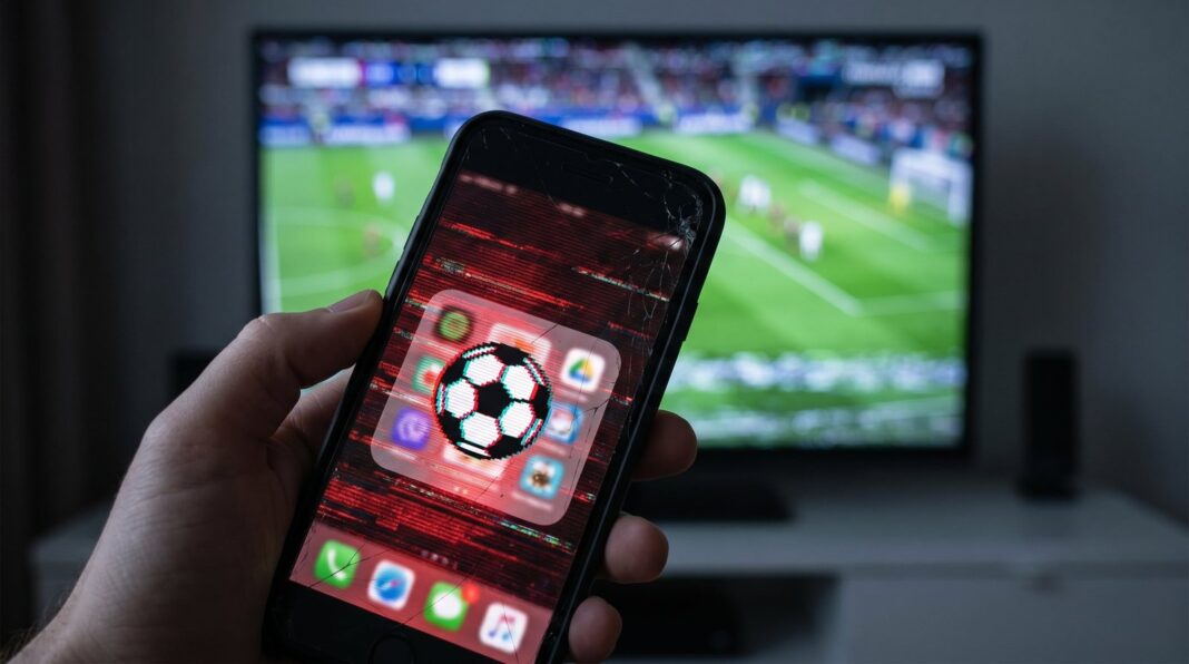 Teléfono móvil mostrando una aplicación de transmisión deportiva con alerta de seguridad