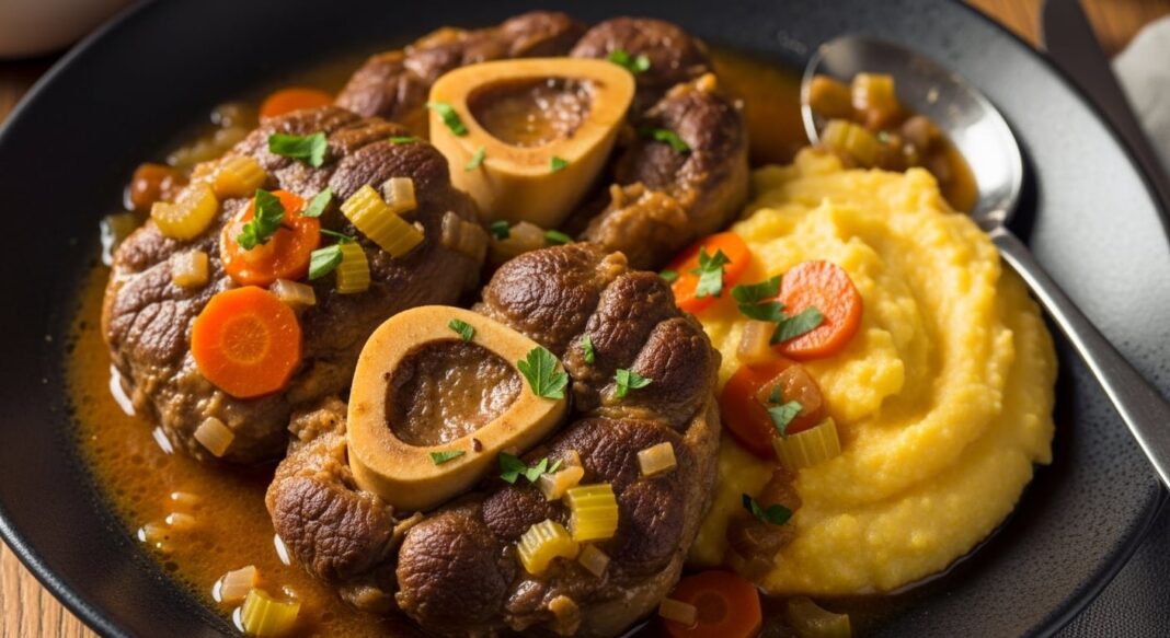 Osobuco con polenta servido en un plato