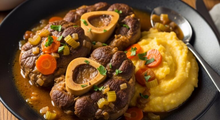 Osobuco con polenta servido en un plato