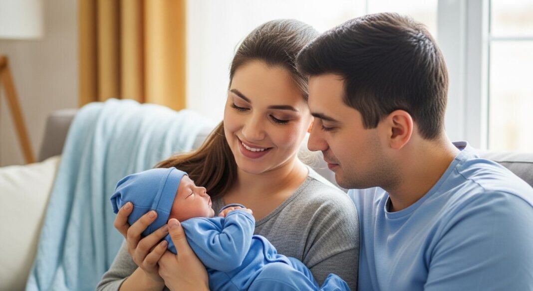 Padre sosteniendo a su bebé recién nacido en un entorno hogareño