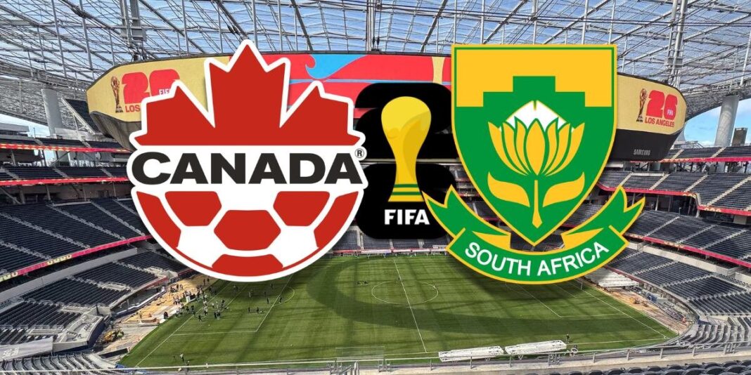 Estadio del Mundial 2026 con banderas de Sudáfrica y Canadá