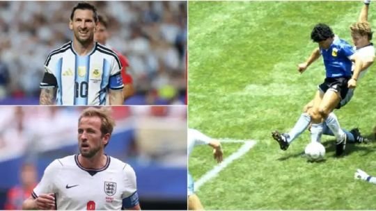 Bandera de Argentina y de Inglaterra sobre fondo de cancha de fútbol