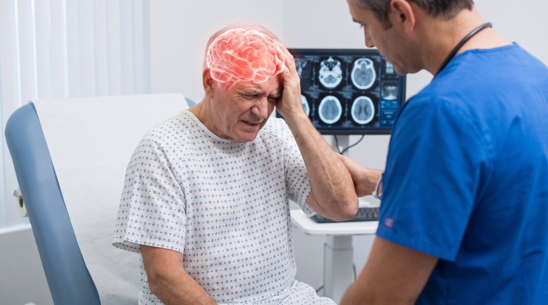 Ilustración de un cerebro humano con señales de alarma de infarto cerebral