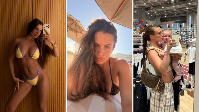 Camila Homs en bikini marrón sentada en un carrito playero en una playa de Brasil
