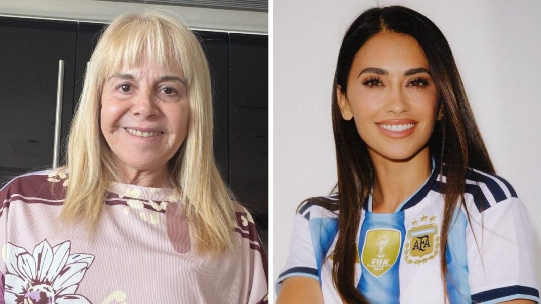 Claudia Villafañe con tapado editado en celeste y blanco junto a Diego Maradona