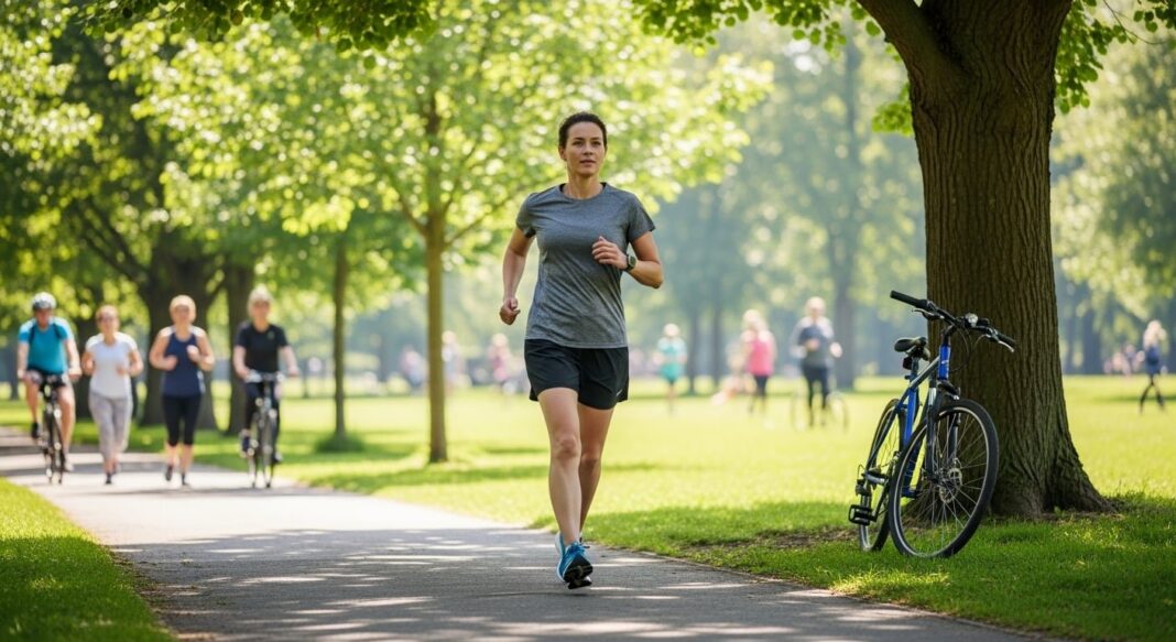 Personas corriendo en grupo en un parque urbano