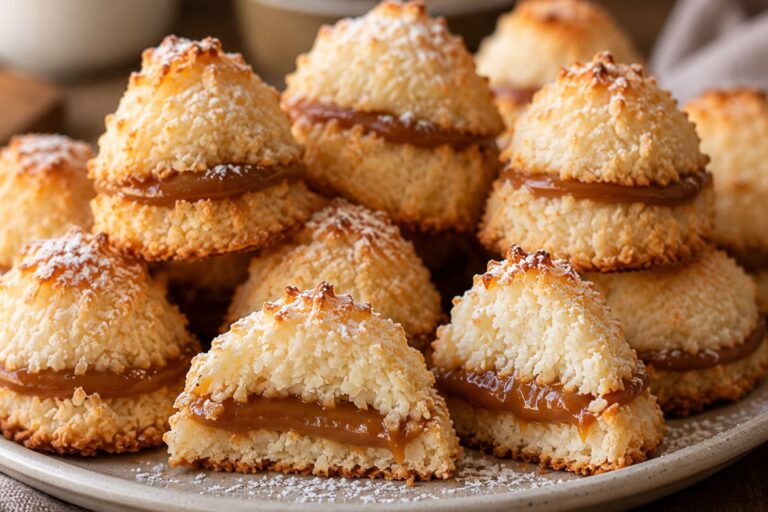 Conitos de coco y dulce de leche rellenos sobre una mesa