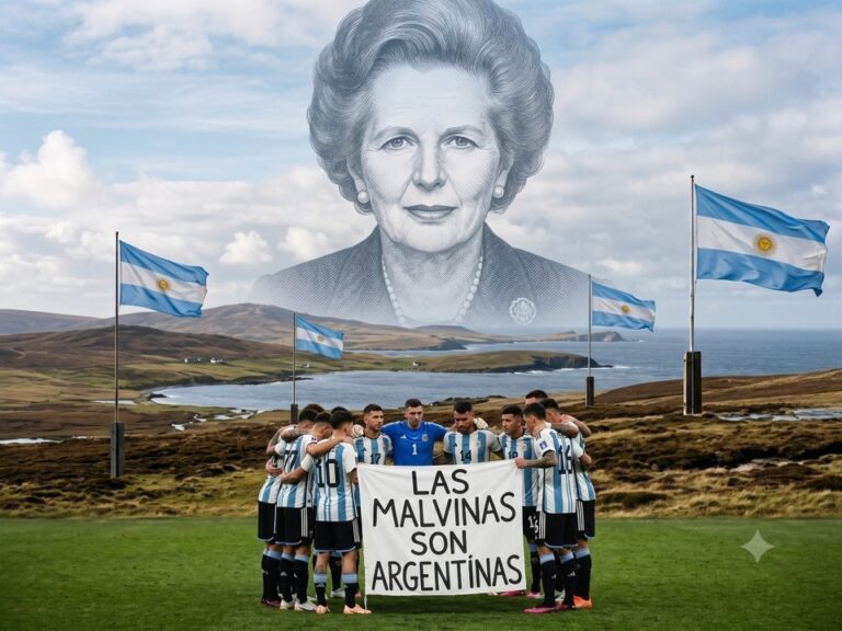 Bandera blanca con inscripción Las Malvinas son argentinas sostenida por futbolistas argentinos