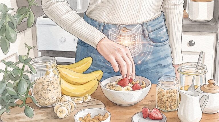 Alimentos ricos en fibra como avena, frutas y legumbres sobre una mesa