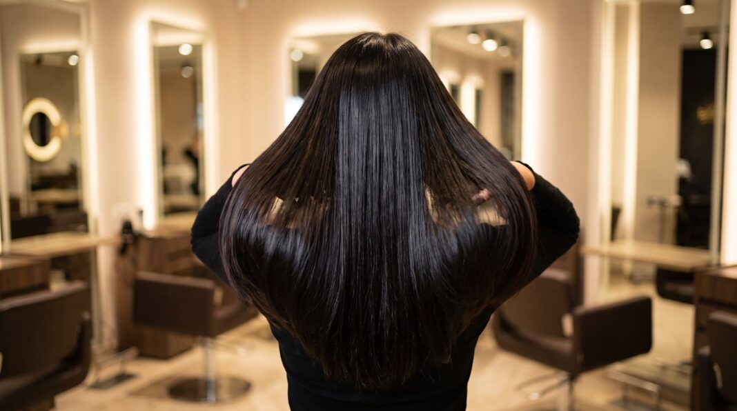 Mujer con extensiones de cabello largo y voluminoso, luciendo un estilo natural