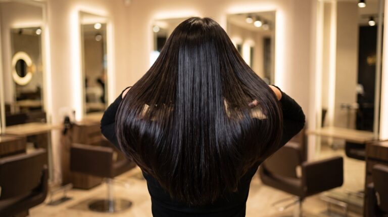 Mujer con extensiones de cabello largo y voluminoso, luciendo un estilo natural