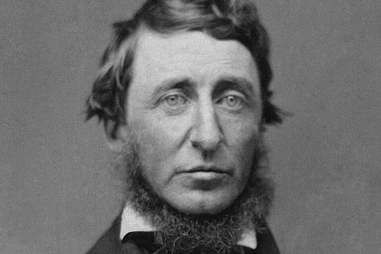 Ilustración de la cabaña de Henry David Thoreau en el lago Walden con tres sillas en su interior