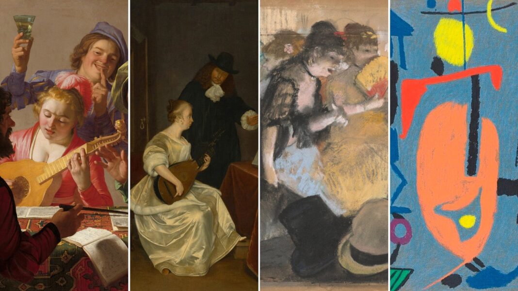 Detalle de la obra Café-Concert de Edgar Degas, con un violinista de espaldas y figuras iluminadas