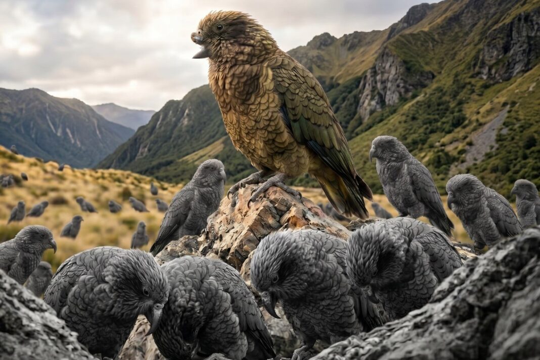 Bruce, un loro kea con medio pico, posado en una rama en la Reserva de Vida Silvestre de Willowbank