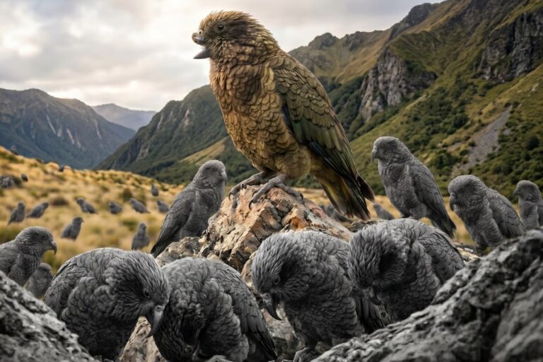 Bruce, un loro kea con medio pico, posado en una rama en la Reserva de Vida Silvestre de Willowbank
