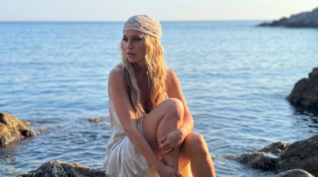 Luisana Lopilato posando en una sesión de fotos al borde del mar con un vestido claro y pañoleta