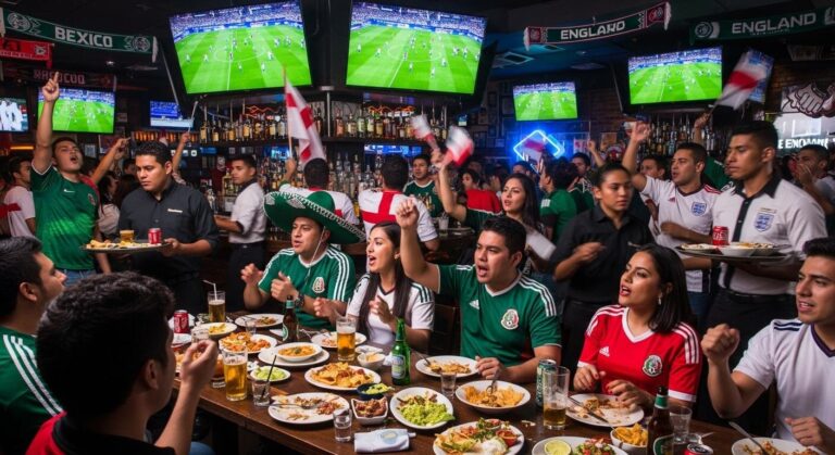 Restaurante lleno de aficionados viendo el partido México vs Inglaterra