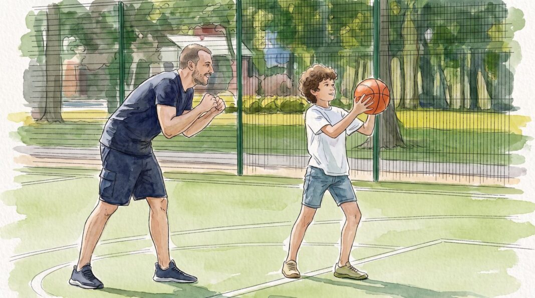 Niños jugando al básquetbol en una cancha escolar