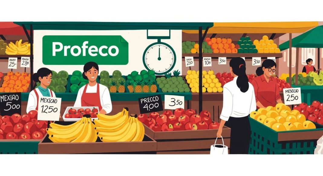 Mano sosteniendo una manzana y un plátano sobre un mostrador de frutería
