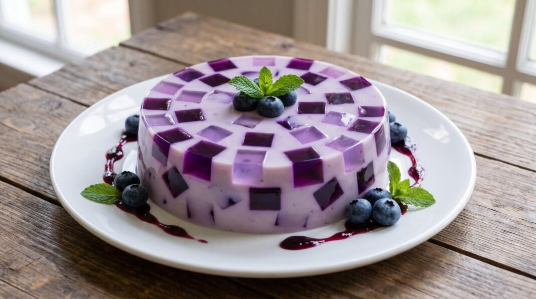 Gelatina de mosaico de blueberry en un molde, con arándanos y menta