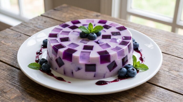 Gelatina de mosaico de blueberry en un molde, con arándanos y menta