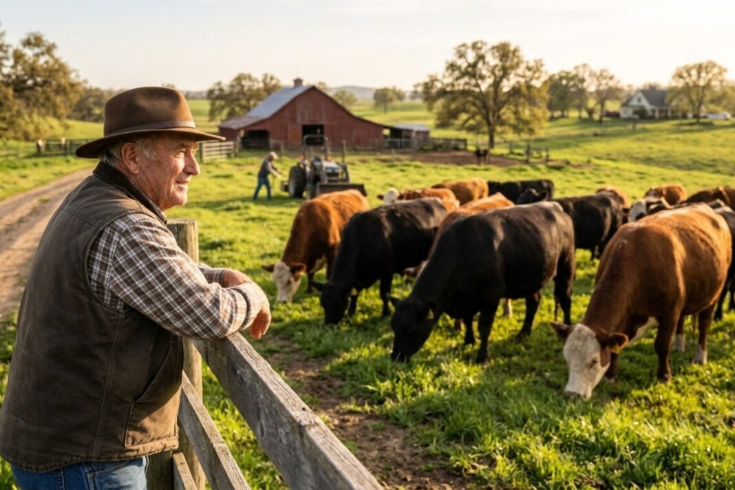 Ilustración de un campo con ganado y un dueño supervisando