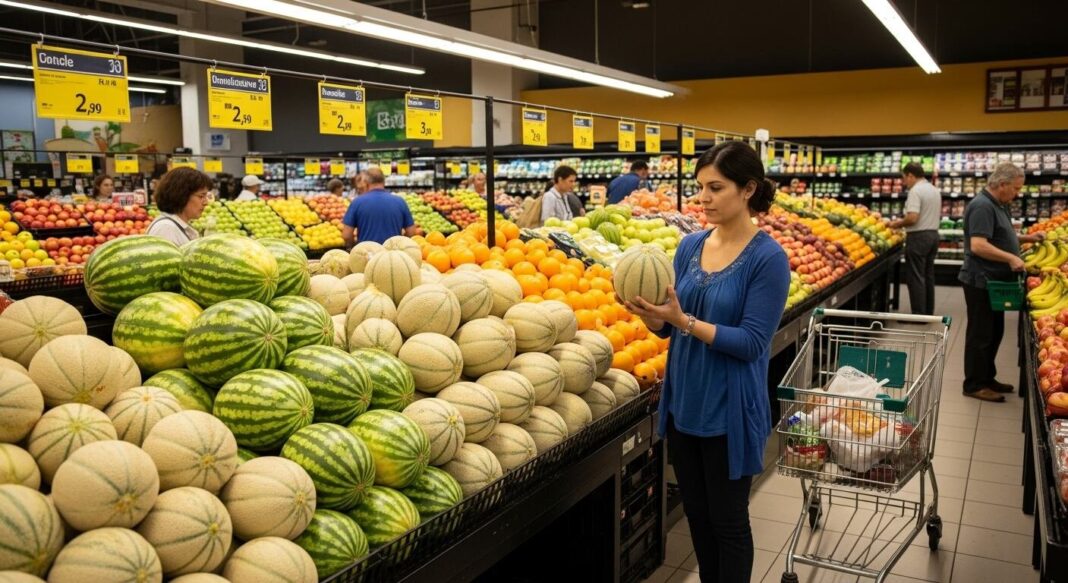Melón con tallo agrietado sobre una superficie de madera