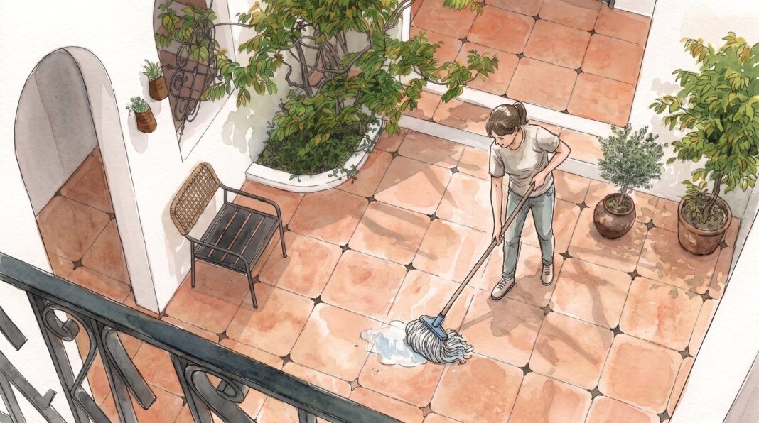 Persona limpiando un piso de baldosas con una mopa