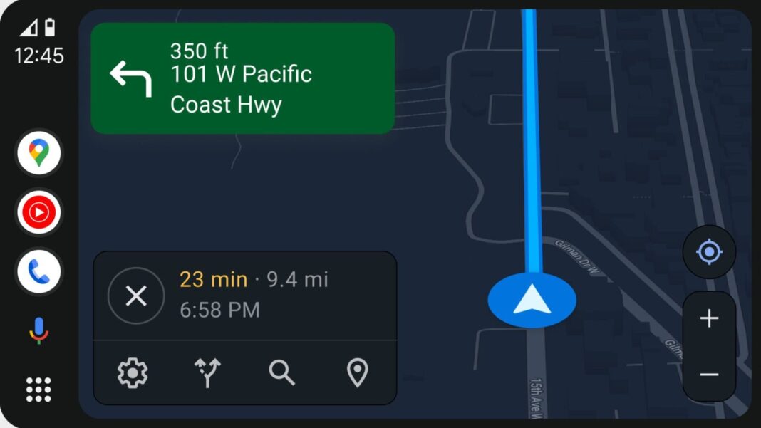 Pantalla de Android Auto mostrando el velocímetro de Google Maps en la esquina inferior derecha