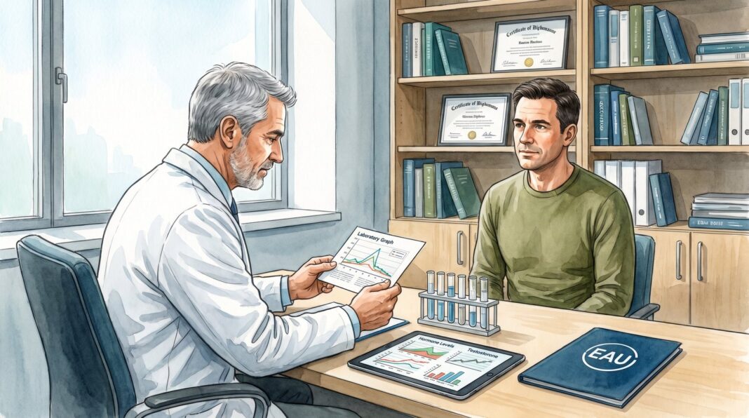Médico revisando análisis de sangre de testosterona en consultorio
