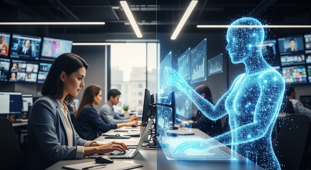 Ejecutivos analizando gráficos de adopción de inteligencia artificial en una sala de reuniones