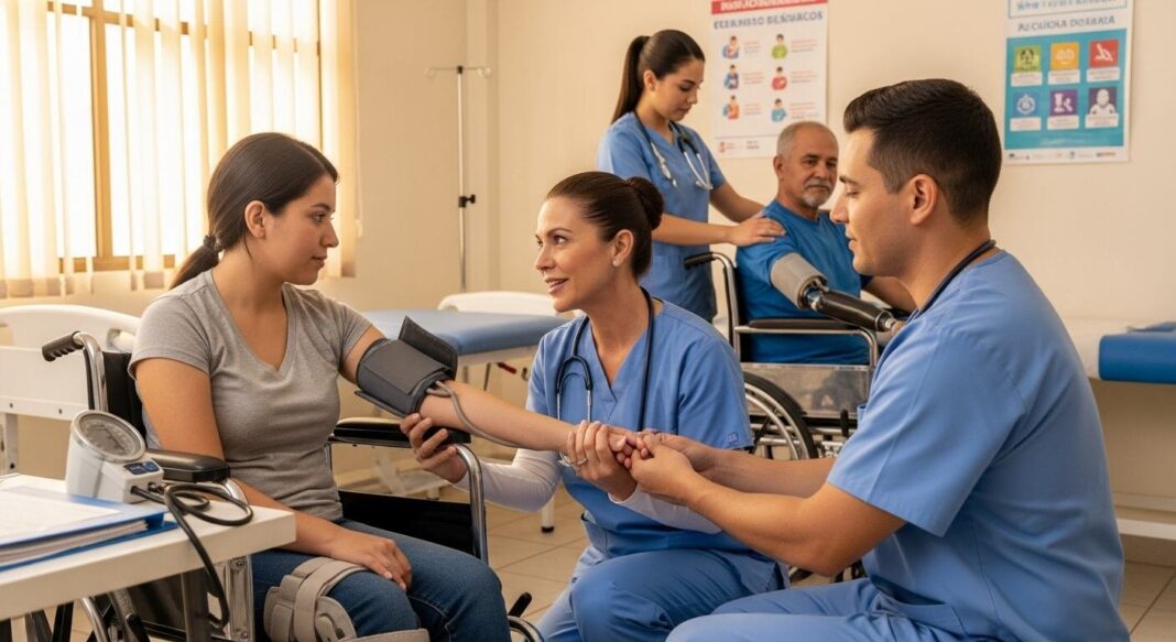 Persona con discapacidad en consulta médica con personal de salud