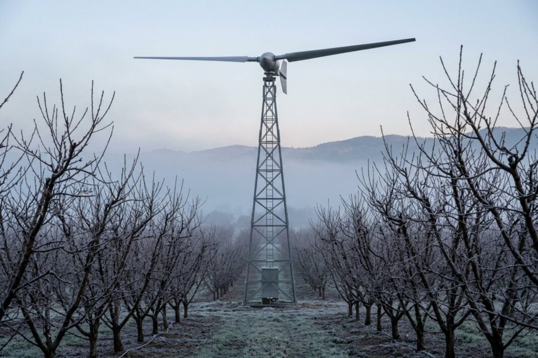Torre con ventilador gigante en un campo de cultivo para proteger las plantas de las heladas