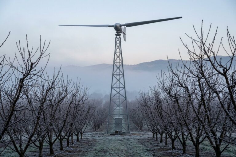 Torre con ventilador gigante en un campo de cultivo para proteger las plantas de las heladas