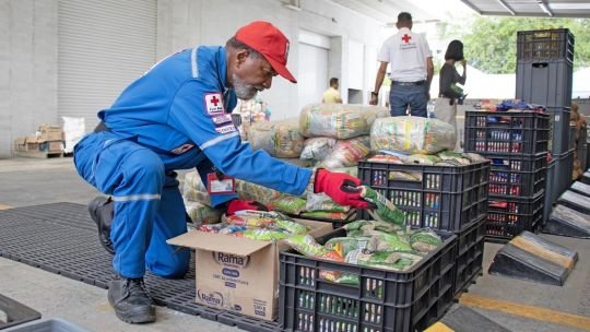 Bodega de un avión humanitario con cajas y pallets de suministros de emergencia