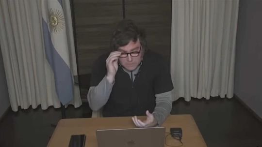 Javier Milei durante su videollamada en el Coloquio de IDEA